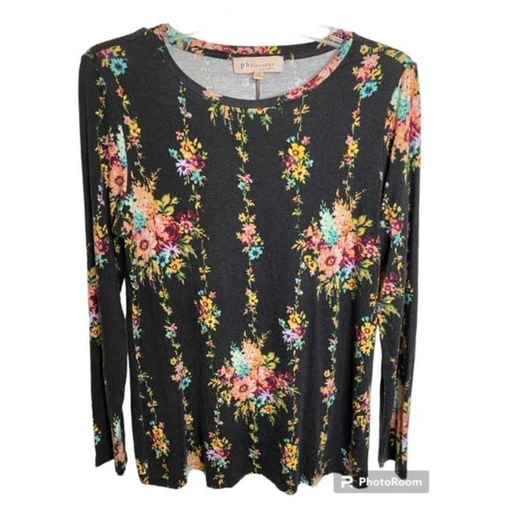 Philosophy Black Floral Print Long Sleeve Size Medium